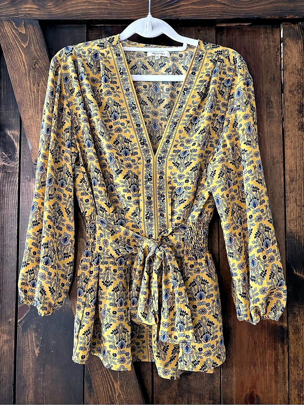 Max Studio Yellow Floral Tie Front V-Neck Blouse Size M